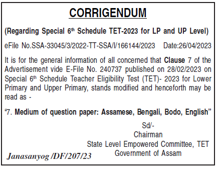 Hindi medium of question paper removed from Special TET 2023