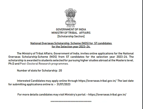 National Overseas Scholarship for ST Students