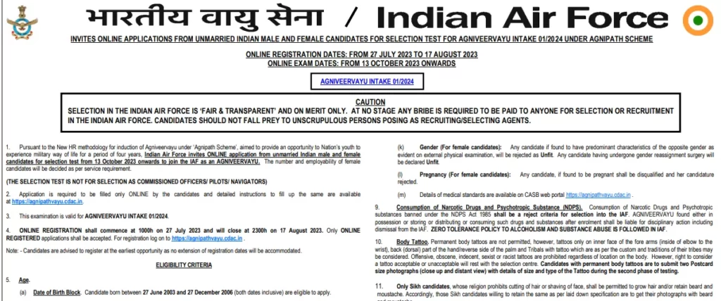 Indian Air Force Agniveer Vayu Recruitment Notifiation