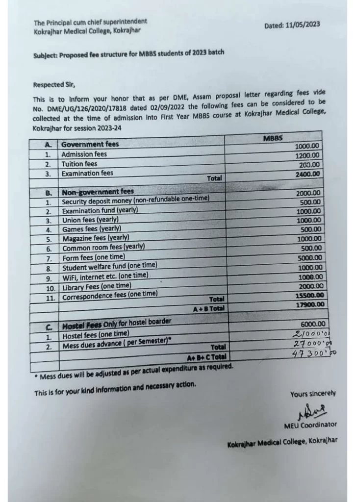 Kokrajhar Medical College Fee Structure 2023