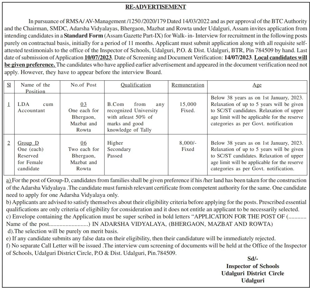 Udalguri Adarsha Vidyalaya Recruitment 2023 notification