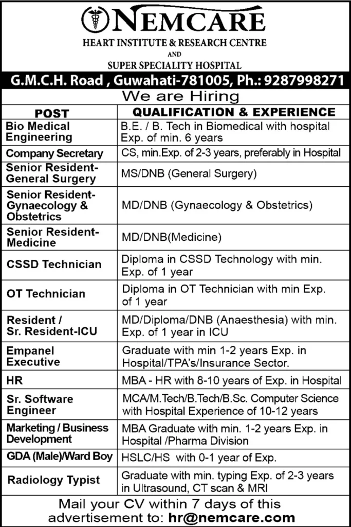 Nemcare Hospital Recruitment 2023 Notification