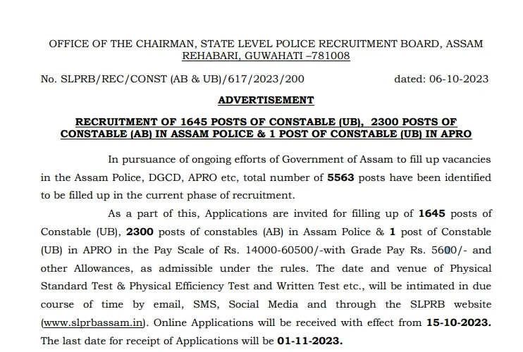 Assam Police Constable Recruitment 2023 Notification