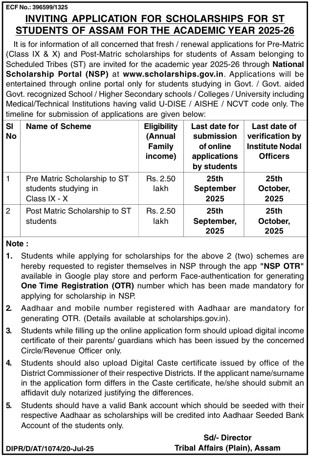 National Scholarship for ST Students 2025