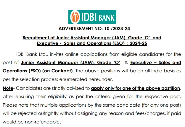 IDBI Junior Assistant Manager Recruitment 2024 Notification
