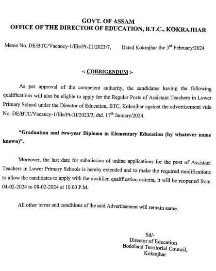 BTR LP Recruitment 2024 last date is extended to 08 February 2024