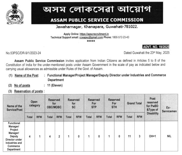 APSC Industries and Commerce Department Recruitment 2025