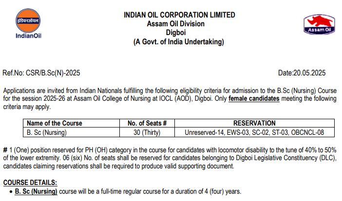 Digboi Assam Oil Nursing College B.Sc Admission 2025