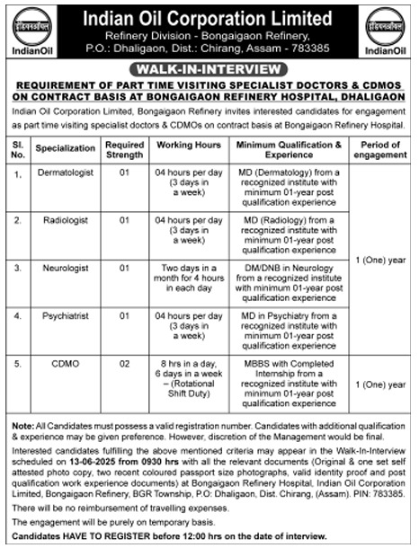 IOCL Bongaigaon Hospital Recruitment