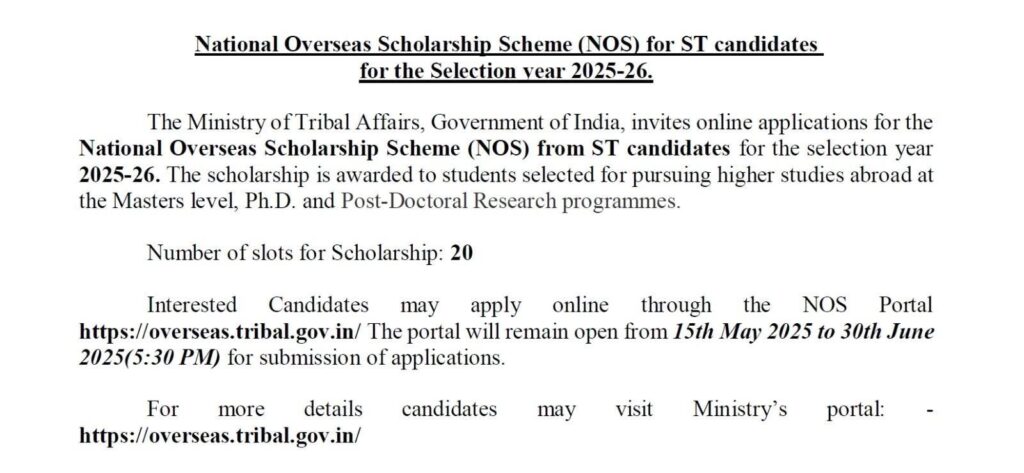 National Overseas scholarship for ST Students 2025