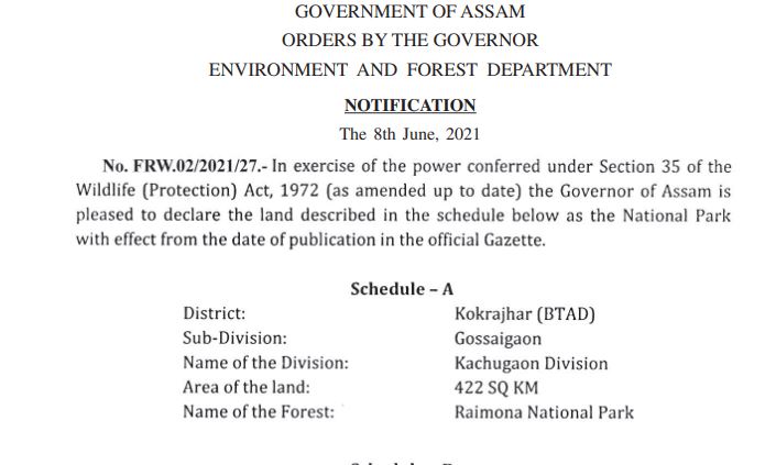 Raimona National Park Declaration Notice