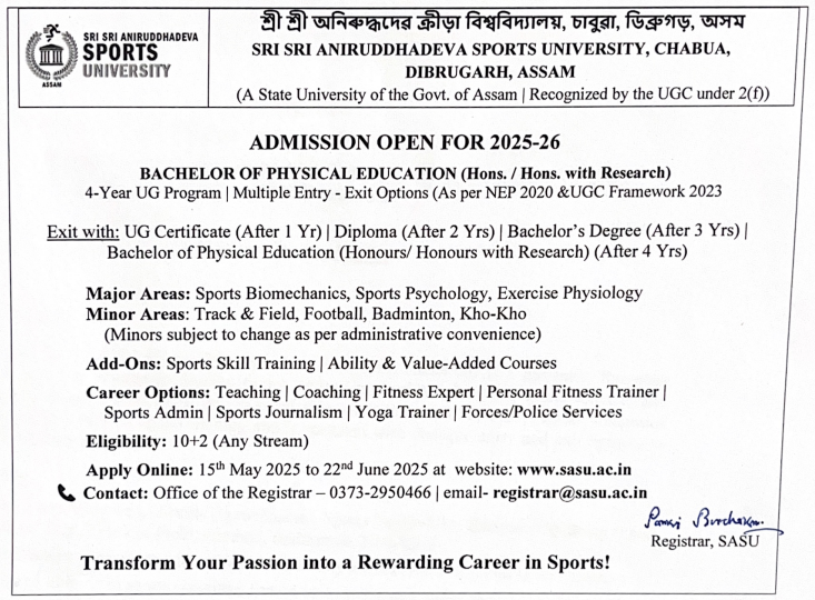 Sri Sri Aniruddhadeva Sports University BPEd Admission 2025