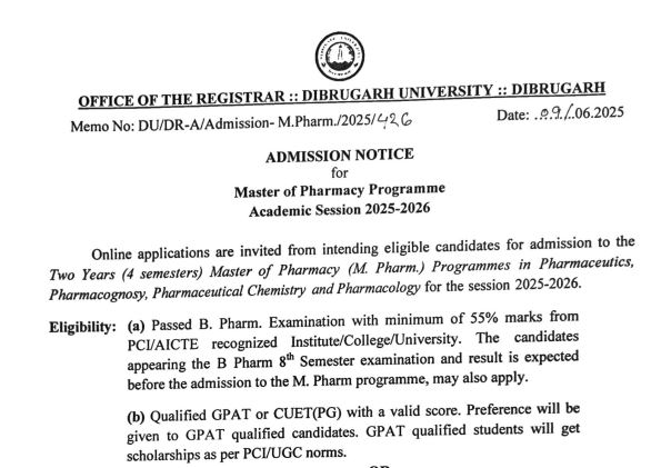 Dibrugarh University M pharm Admission 2025