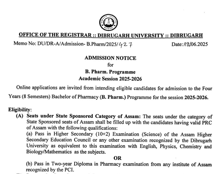 Dibrugarh University B pharm Admission 2025