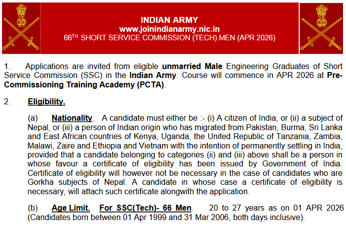 Army SSC Tech Men 66th Notification 2025