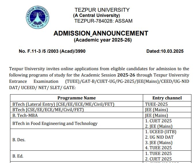 Tezpur University Admission Notice 2025