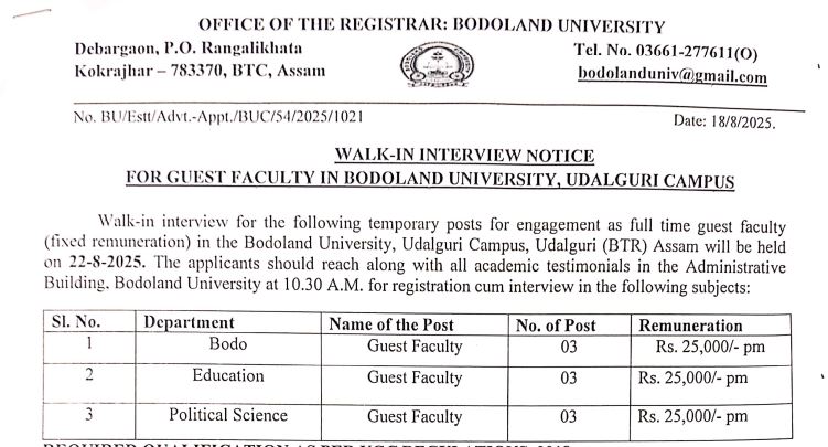 Bodoland University Udalguri Campus Recruitment 2025